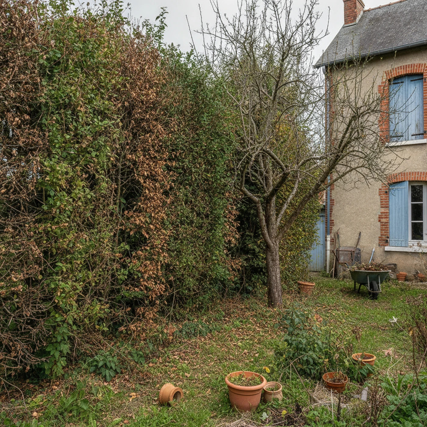 Haie de lauriers trop haute avant taille au Chemin Vert à Caen