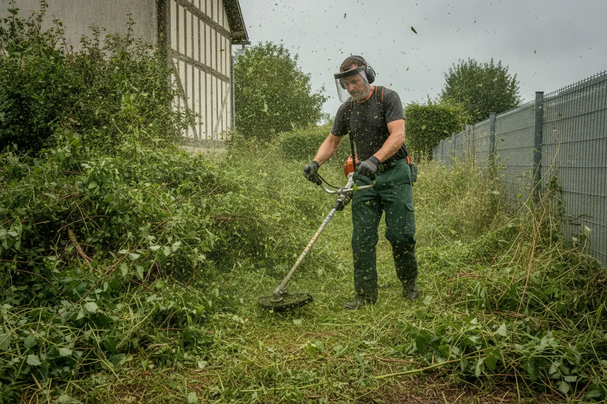 Débroussaillage d'une parcelle envahie de végétation dans un jardin résidentiel à Ifs