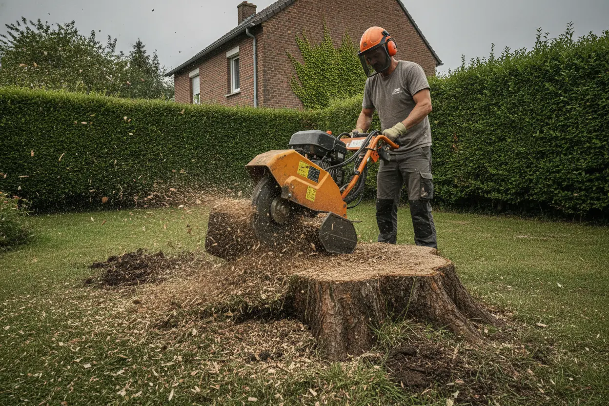 Rognage d'une souche d'arbre après abattage dans un jardin pavillonnaire à Ifs