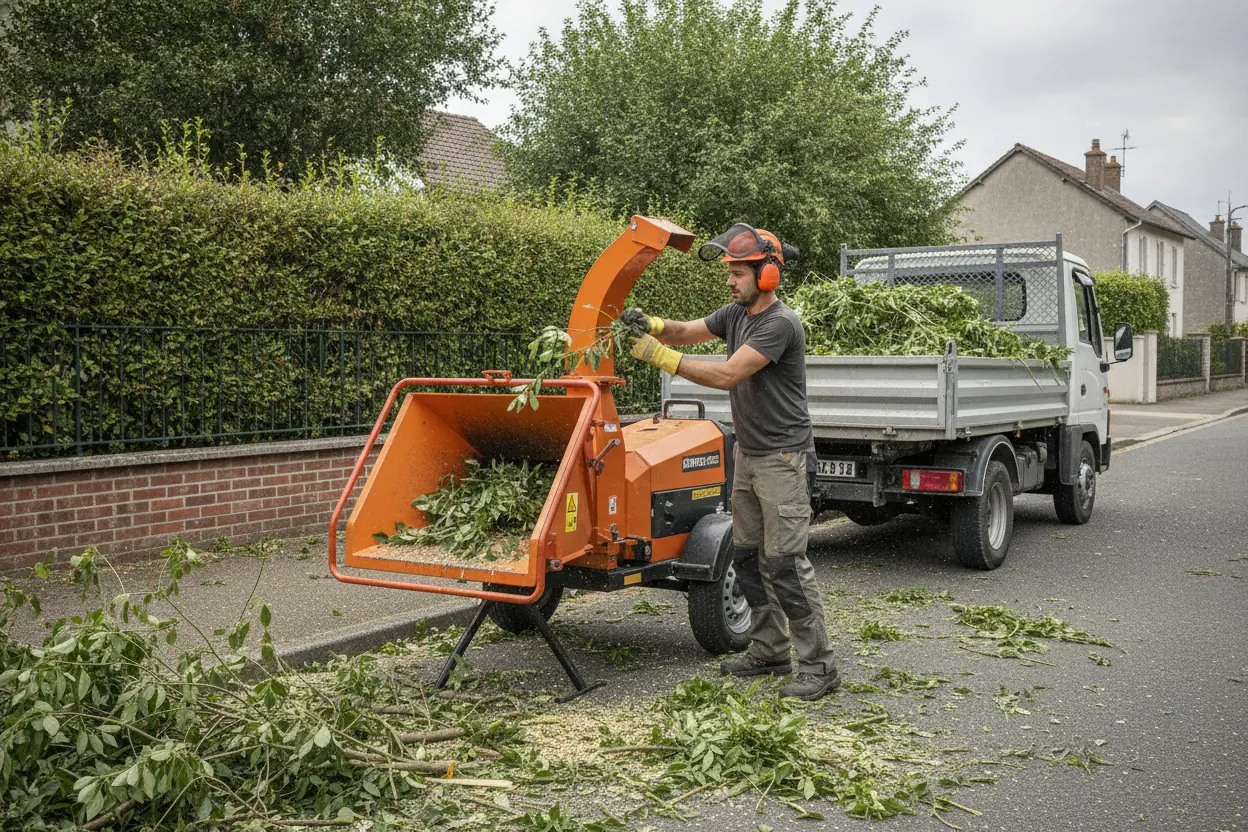 Chargement de déchets verts et branchages dans une benne après élagage à Ifs