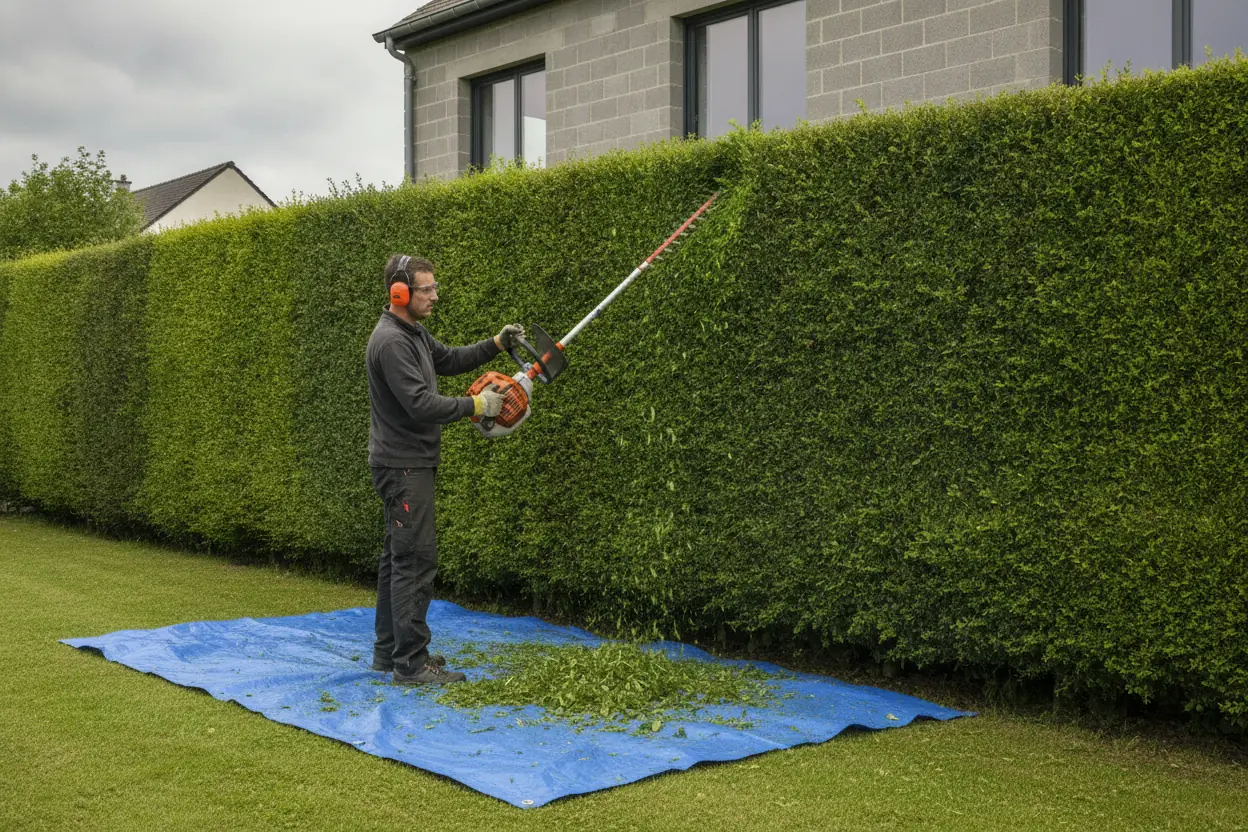 Taille d'une haie de thuyas en limite de propriété dans un jardin pavillonnaire à Ifs